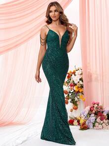 LOVE&LEMONADE 嵌入網紗魚尾裙下擺亮片舞會洋裝 - 綠色 - 查看 7