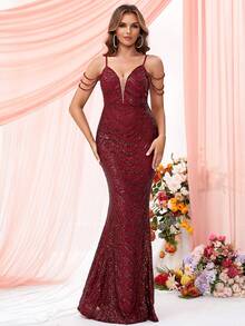 LOVE&LEMONADE Cold Shoulder Mermaid Hem Sequin Prom Dress - Red - View 6