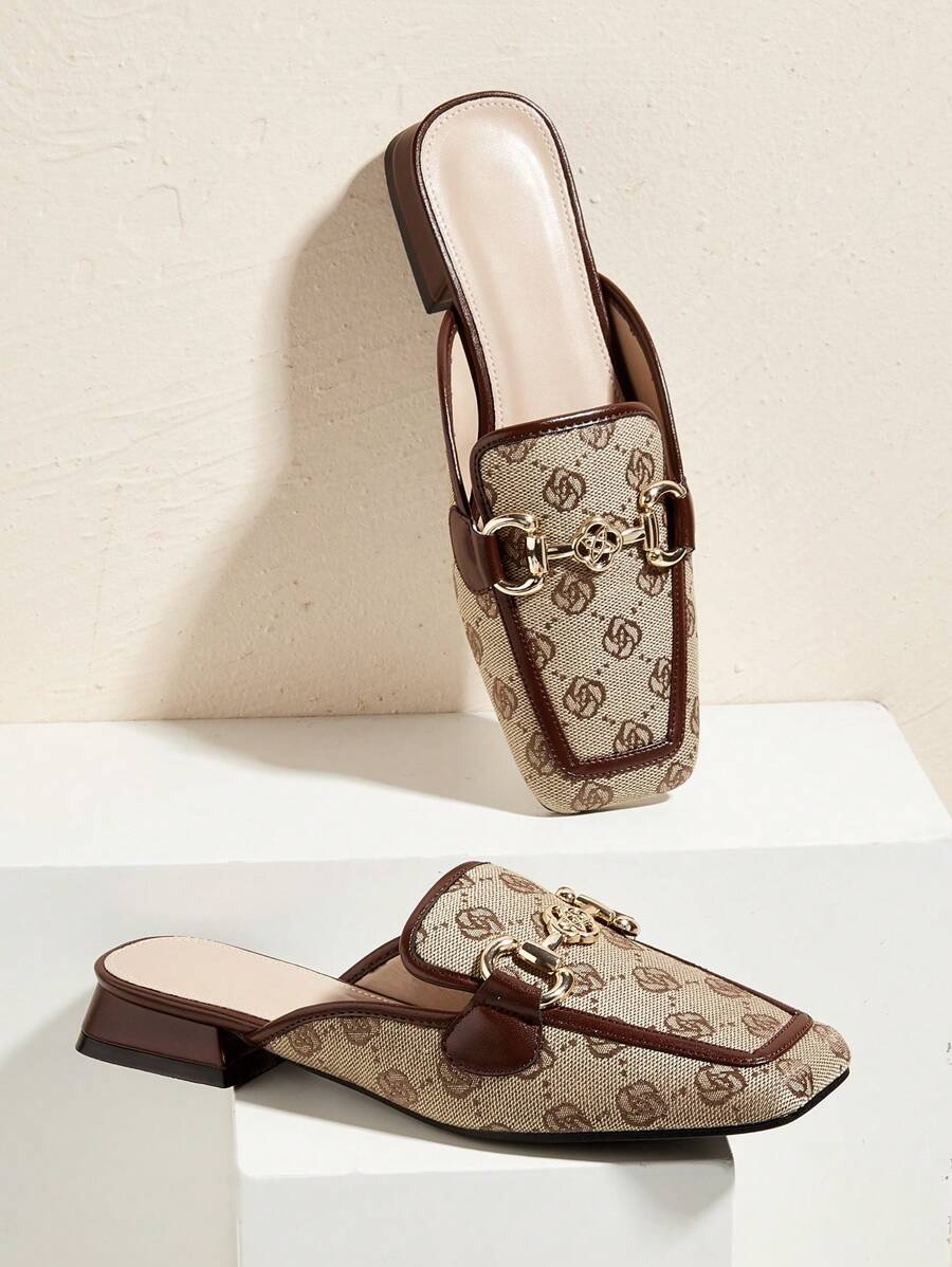 Fall/Winter Women's Flat Square Toe Embroidery Fashion Buckle Mules - Brown - View 1