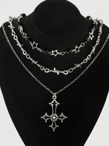 ROMWE Goth 3入組時尚鐵合金交叉&星形裝飾項鍊適合女士日常裝飾 - 彩色 - 查看 1