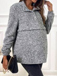 SHEIN Maternity Solid Nursing Half Button Sweatshirt - Grey - View 3