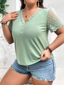 SHEIN Frenchy Plus Contrast Lace Button Front Tee