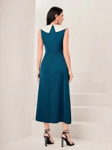 Modelyn Two Tone Pleated Hem Wrap Dress Without Belt - Green - View 2