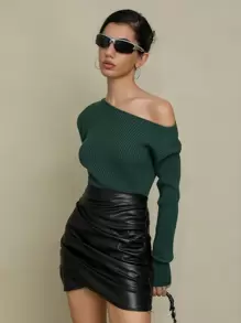 SHEIN Unity 纯色罗纹针织落肩套头衫秋冬毛衣 - 綠色 - 查看 4
