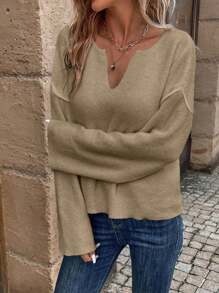 SHEIN LUNE 缺口領落肩袖套頭毛衣 - 卡其色 - 查看 4