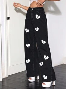 SHEIN 1pc Jeans With Heart Design Wide Leg