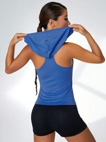 SHEIN Daily&Casual Solid Zip Up Hooded Sports Tank Top - Blue - View 1