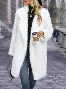 SHEIN LUNE Lapel Neck Open Front Fuzzy Coat - White - View 7