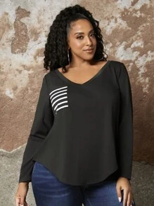 SHEIN CURVE+ Plus Striped Print V Neck Tee - Black - View 6