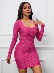 SHEIN Slayr Đồ trang trí Rhinestone Scoop Cổ Váy bodycon - Màu Hồng Tươi - Xem 3