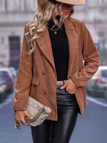 SHEIN LUNE 西裝領雙排釦燈芯絨大衣 - 棕色 - 查看 6