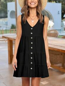 前紐扣荷葉邊娃娃裙 - 黑色 - 查看 3