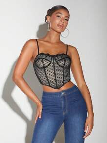 SHEIN BAE 蕾絲邊不對稱下擺吊帶上衣 - 黑色 - 查看 5