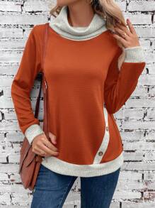 SHEIN LUNE Contrast Trim Button Detail Sweatshirt - Rust Brown - View 1