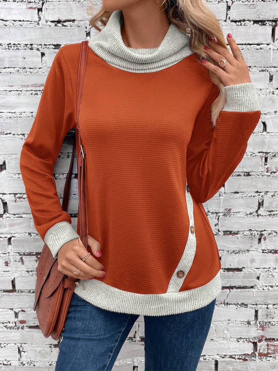 SHEIN LUNE Contrast Trim Button Detail Sweatshirt - Rust Brown - View 1