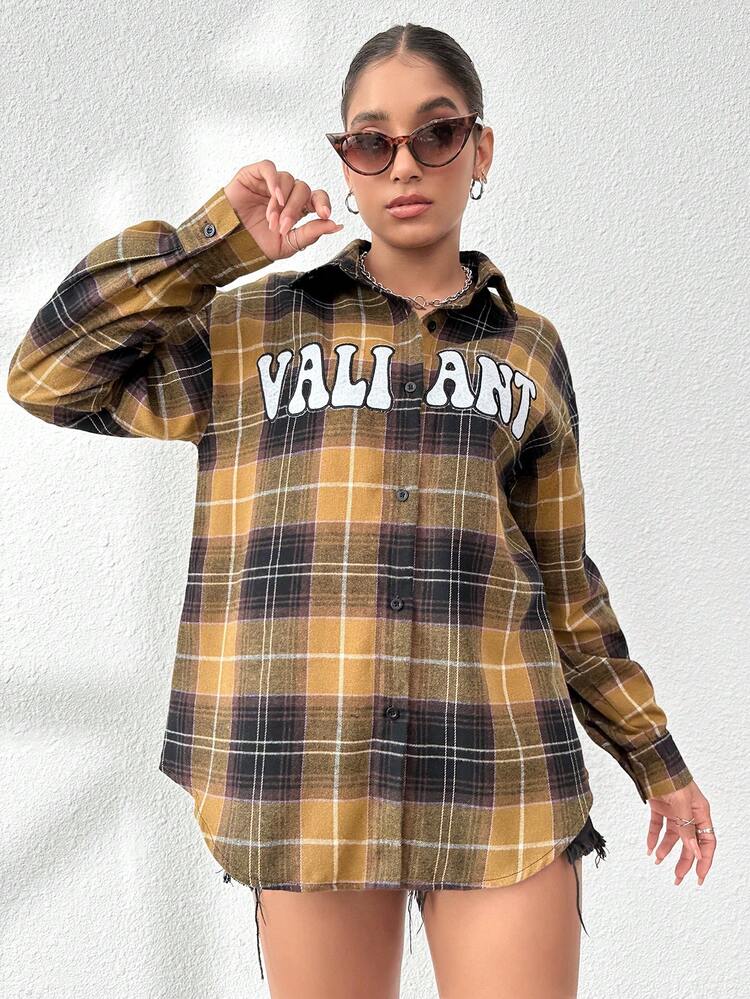 Plaid & Letter Graphic Drop Shoulder Coat Fall Cloth For Women