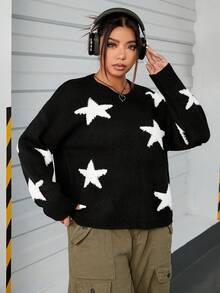 SHEIN EZwear 加星星圖案落肩毛衣 - 黑色 - 查看 5