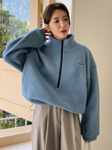 DAZY Letter Patched Half Zip Drop Shoulder Teddy Sweatshirt,Fall Women Clothes,Thermal Lined - Dusty Blue - View 8