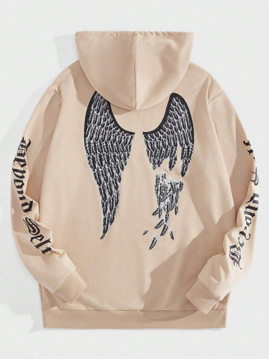 Manfinity VCAY Hombres Capucha con estampado de alas y letra con cordón con forro térmico