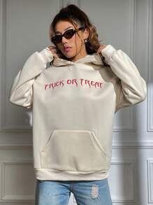 SHEIN Unity Capucha con estampado de slogan con bolsillo de canguro de hombros caídos - Albaricoque - Ver 4