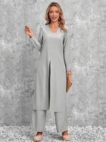 EMERY ROSE Viền chia cắt Kiểu Dài Áo & Quần ống rộng - Xám - Xem 3