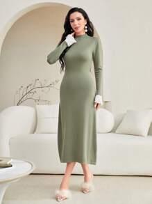 Modelyn Contrast Cuff Mock Neck Sweater Dress Without Belt Fall Cloth For Women - Army Green - View 3