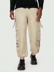 ROMWE MEN Street Life Các bạn Đồ họa Khẩu hiệu Túi nắp bên cạnh Eo dây rút Quần Cargo - Màu Khaki - Xem 5