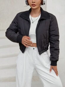 Flirla Zip Up Crop Padded Padded Coat For Winter Clothes
