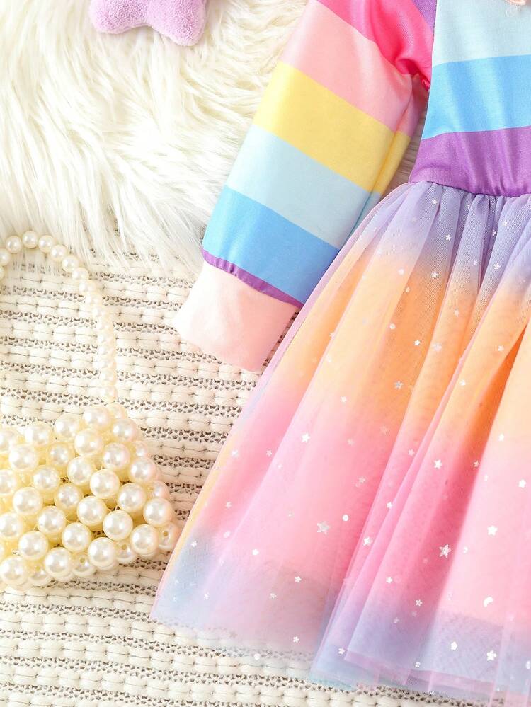 Baby Girl Colorblock Appliques Ruffle Trim Contrast Mesh Ruffle Trim Dress