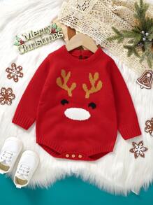 Baby Girl Christmas Elk Pattern Knit Bodysuit - Red - View 1