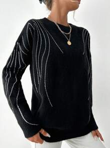 EURMUSE Jersey con patrón de rayas de hombros caídos - Negro - Ver 4