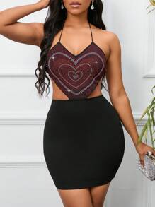 VaVaBold Rhinestone Heart Pattern Tie Backless Halter Neck Backless Dress