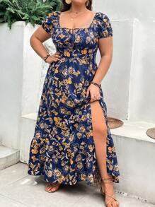 SHEIN VCAY Große Größe Kleid mit Blume Muster, Schlitz, - marineblau - Übersicht 4