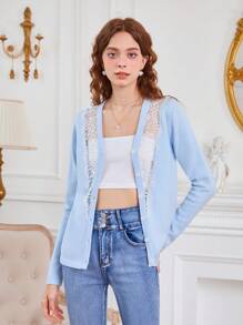 SHEIN MOD Contrast Lace Button Front Cardigan - Blue - View 4