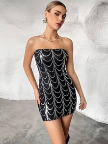 SHEIN Privé Sequin Decor Tube Bodycon Dress - Black - View 5