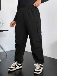 Flirla Plus Flap Pocket Side Cargo Pants - Black - View 3