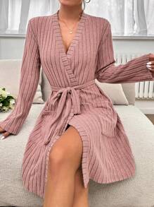Solid Belted Ribbed Knit Belted Robe Cozy And Elegant, For Fall & Winter Outfit - Dusty Pink - View 6