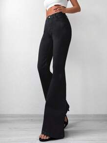 EURMUSE Solid Flare Leg Jeans - Black - View 3