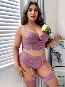 Classic Sexy Plus Floral Lace Underwire Garter Lingerie Set With 1pair Leg Ring - Dusty Purple - View 5