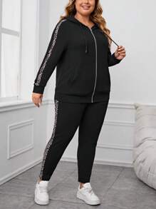 EMERY ROSE Plus Leopard Print Zip Up Hoodie & Leggings - Black - View 3