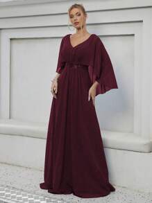 V-Neck Flare Sleeve Sequin & Embroidered Applique Party Dress - Burgundy - View 4