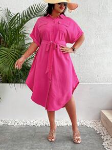 SHEIN LUNE Đầm Maxi Nữ Tay Cánh Dơi Có Túi Nắp Plus Thắt Lưng - Màu Hồng Tươi - Xem 5