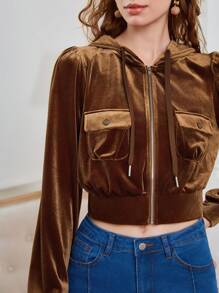 SHEIN MOD Túi có nắp Dây kéo áo có mũ Nhung Áo khoác - màu nâu - Xem 3