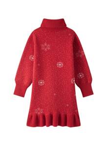 SHEIN Tween Girl Turtleneck Snowflake Pattern Ruffle Hem Sweater Dress, For Christmas - Red - View 2