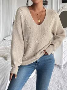 EMERY ROSE 珍珠串珠落肩袖套頭毛衣