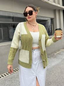 SHEIN Essnce 加兩色絞花針織開衫 - 彩色 - 查看 7