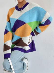 Chiquease Letter Pattern Drop Shoulder Sweater Knit Pullover Fall Winter Outfit