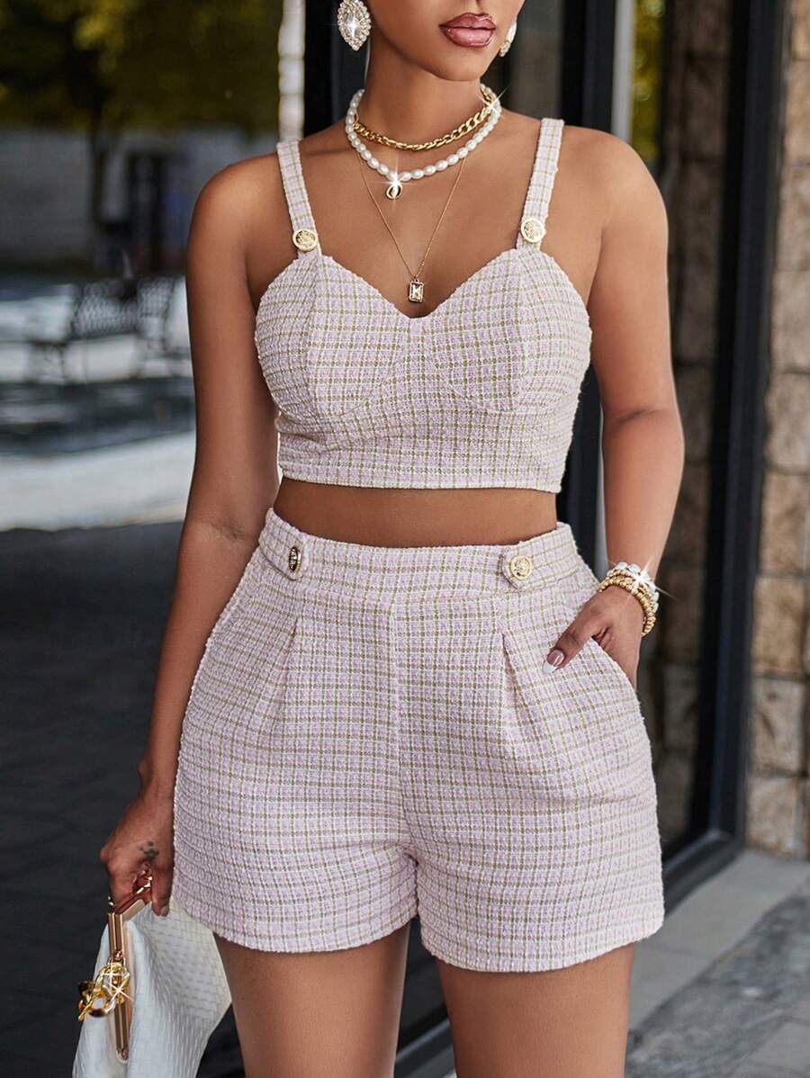 Zolique 格紋印花斜口袋粗花呢短褲 - 淺粉色 - 查看 1