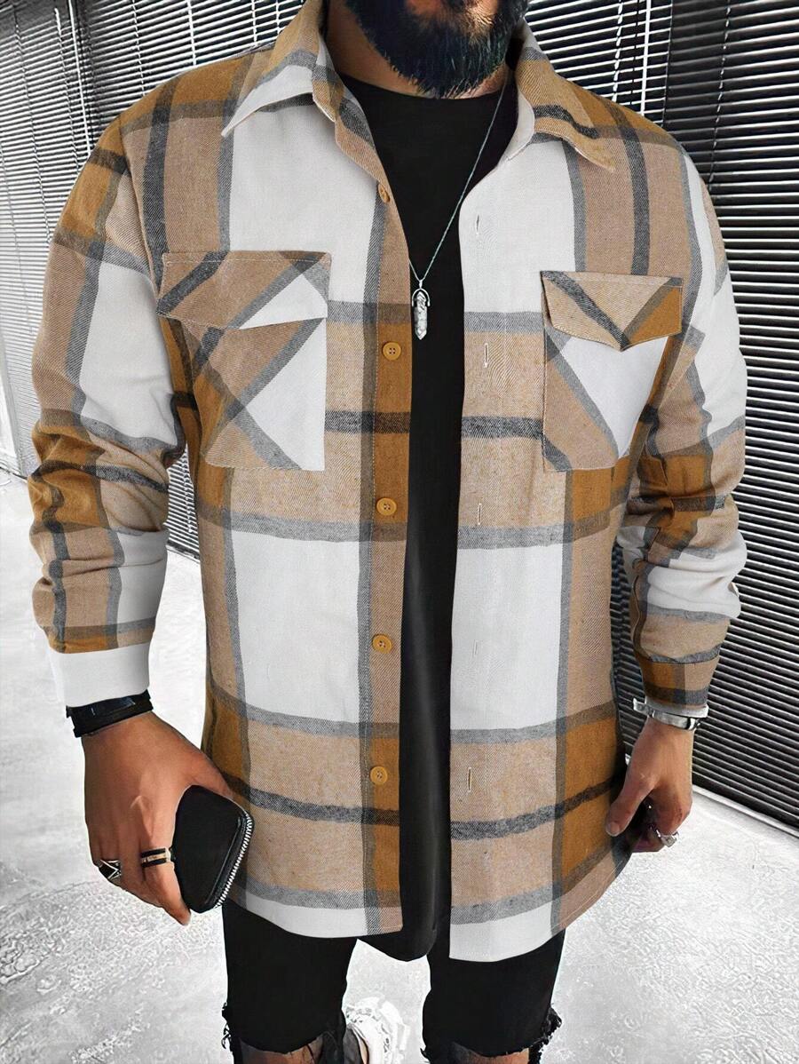 Manfinity Homme Nam In kẻ sọc Túi có nắp Áo sơ mi - gừng - Xem 1