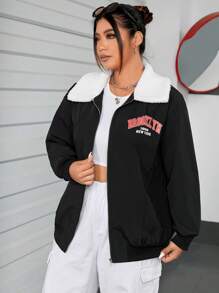 SHEIN EZwear Plus Letter Graphic Borg Collar Zip Up Drop Shoulder Jacket - Black - View 3